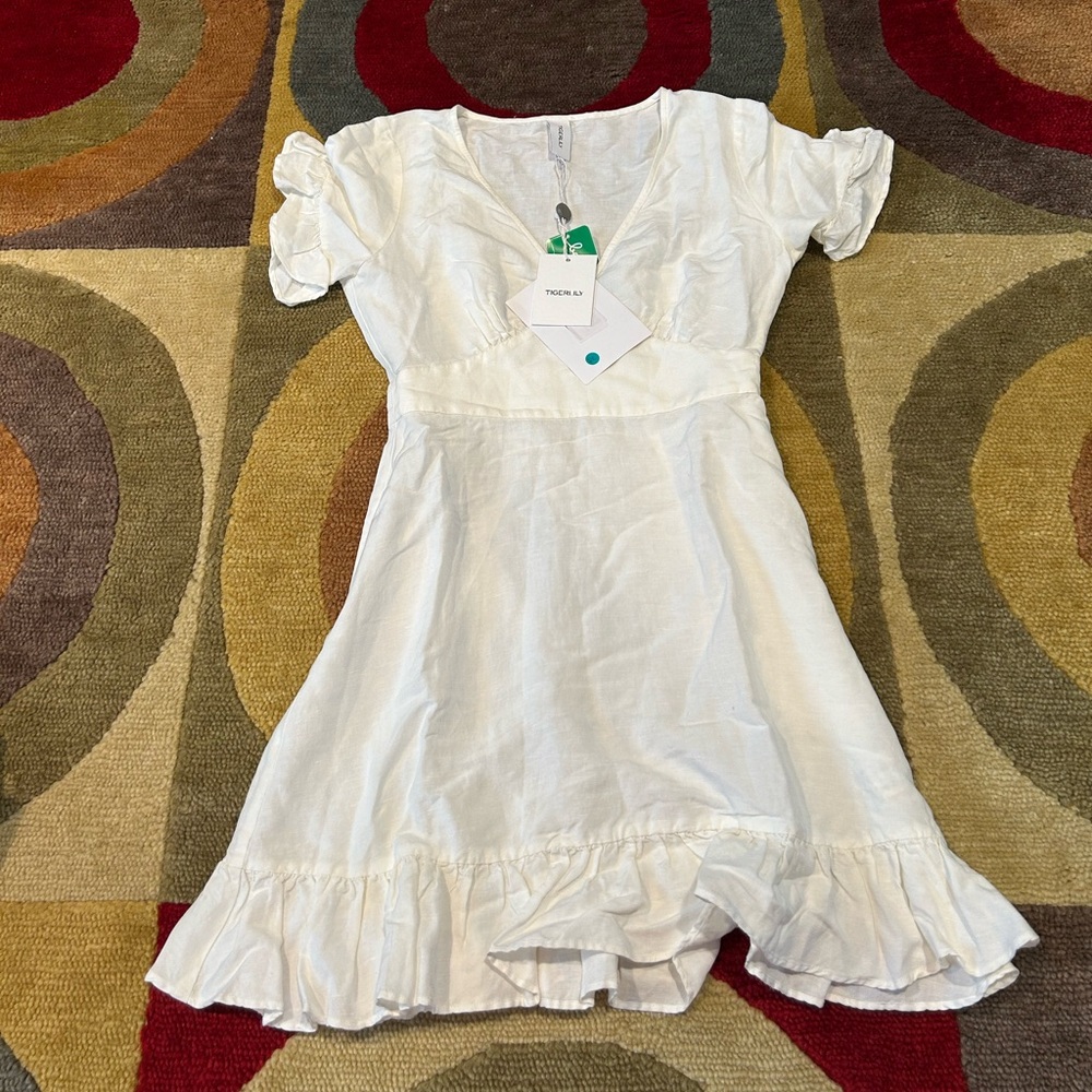 NWT Tigerlily Off White Lightweight Linen Mini Dress Short Sleeves Ruffle Size 4